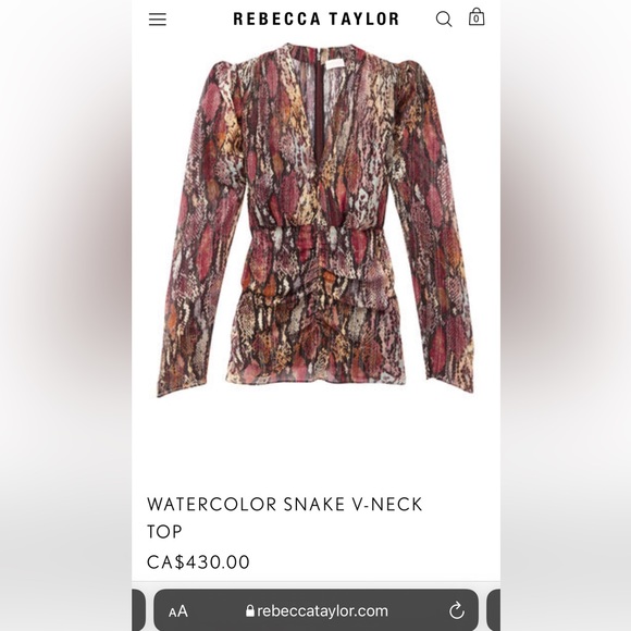 Rebecca Taylor Watercolour Snake V-Neck Top Blouse Size 4 - Picture 1 of 14